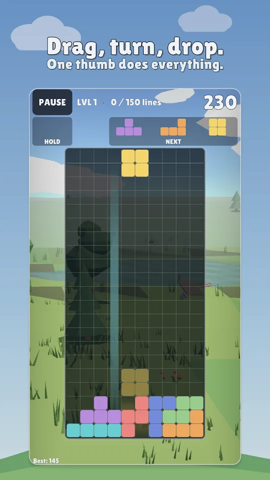 Blockscape gameplay: blocks falling in front of a garden