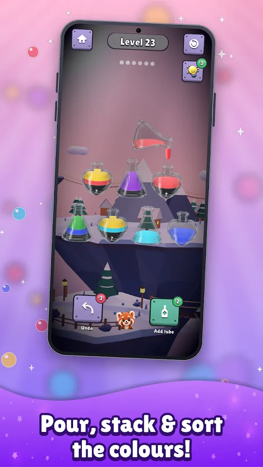 Color Sort gameplay: potion bottles on a floating island