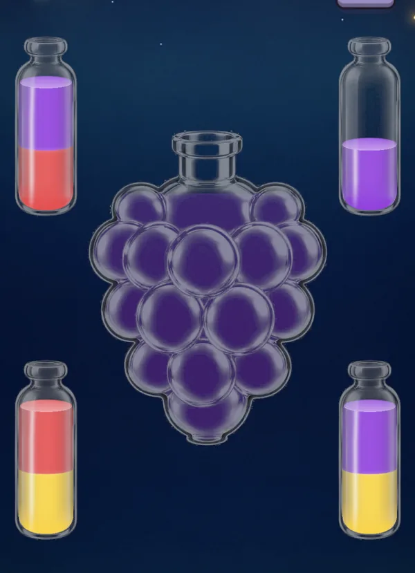 The giant grape jar between four colour tubes in a Color Sort level