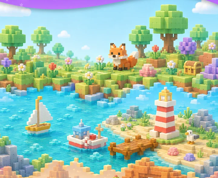 A pixel harbour world with a fox, a lighthouse and boats, from Sudoku World